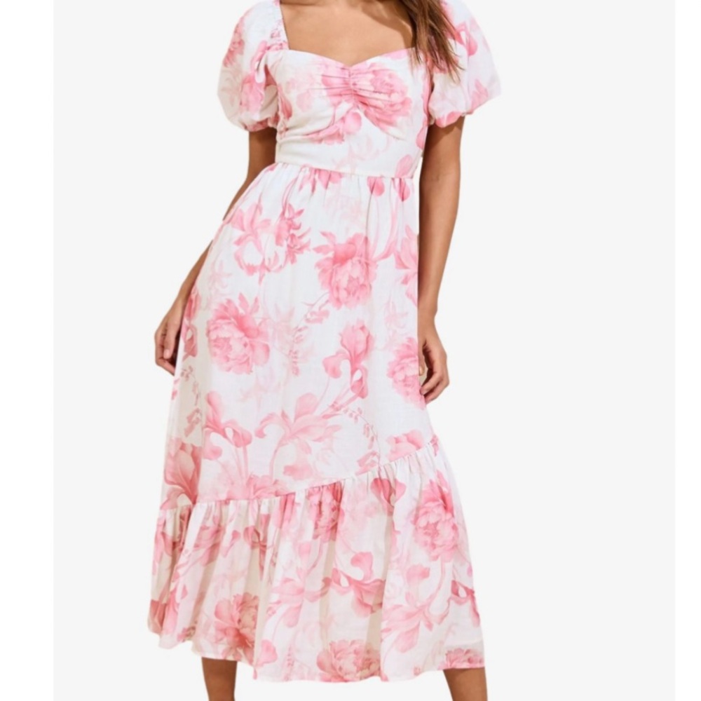 Lipsy Floral Print Puff Sleeve Mídi Dress Size 8